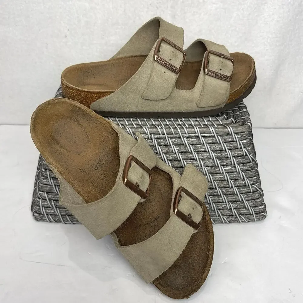 Birkenstock Suede Arizona Soft Footbed Sandal in Taupe size 37(7-7.5)